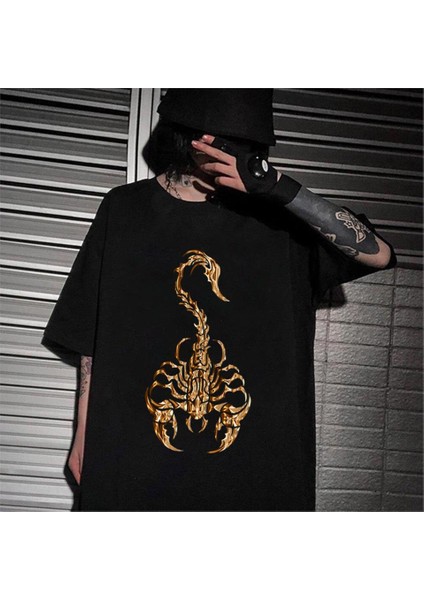 Gothic Scorpion Baskılı Siyah Oversize T-Shirt