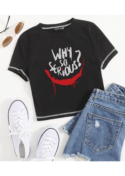 Why So Serious Baskılı Ters Dikiş Siyah Crop