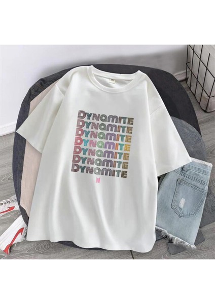 Bts Dynamite Baskılı Beyaz Oversize T-Shirt