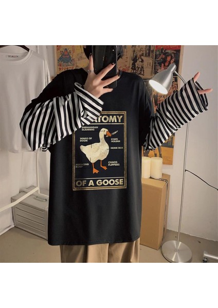 Duck Anatomy Baskılı Fake Sleeves Unisex Siyah T-Shirt