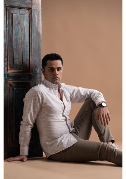 Evrytime Slimfit Yaka Düğmeli Çizgili Uzun Kol Yazlık Erkek Gömlek