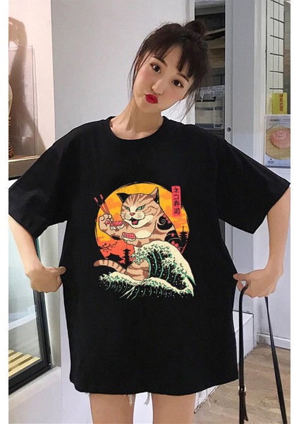 Artist Cat Baskılı Siyah Oversize T-Shirt