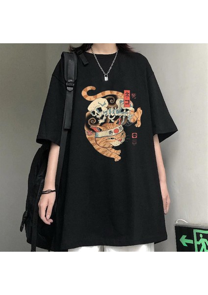 Skeleton Cat Siyah Oversize T-Shirt