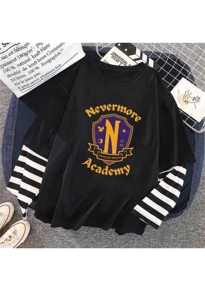 Nevermore Academy Baskılı Fake Sleeves Unisex Siyah T-Shirt