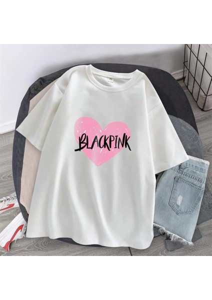 Black Pink Heart Baskılı Beyaz Oversize T-Shirt
