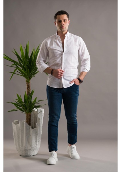 Evrytime Slimfit Pamuklu Çizgili Yaka Düğmeli Uzun Kol Erkek Yazlık Gömlek
