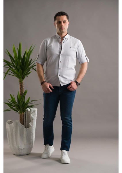 Slimfit Armürlü Yaka Düğmeli Katlamalı Uzun Kol Erkek Gömlek