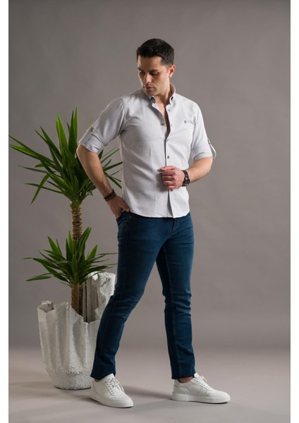 Slimfit Armürlü Yaka Düğmeli Katlamalı Uzun Kol Erkek Gömlek fiyatları