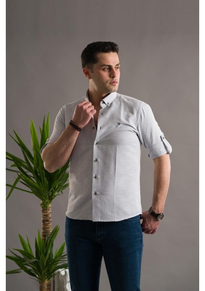 Slimfit Armürlü Yaka Düğmeli Katlamalı Uzun Kol Erkek Gömlek modelleri
