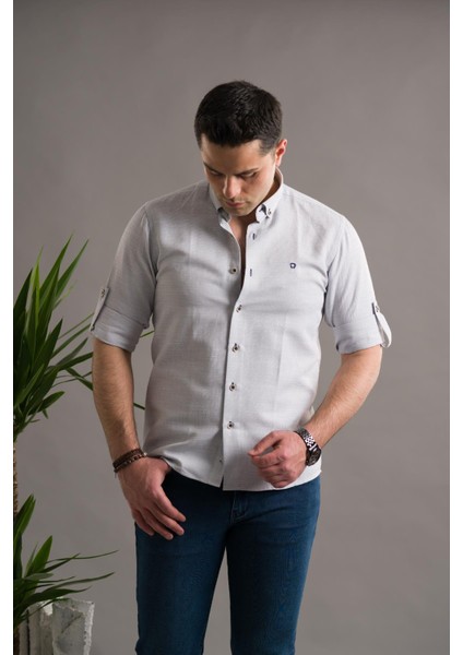 Slimfit Armürlü Yaka Düğmeli Katlamalı Uzun Kol Erkek Gömlek fırsatları