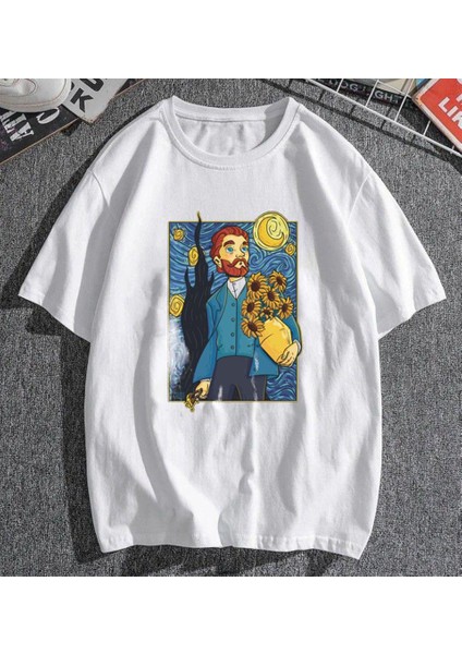 Van Gogh Starry Night Beyaz Unisex Oversize T-Shirt