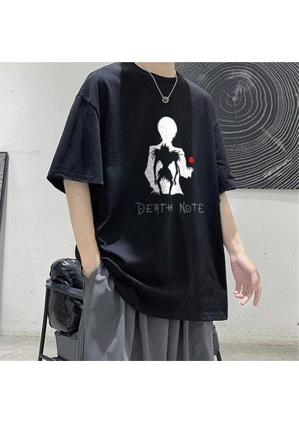 Death Note L Apple Baskılı Siyah Oversize T-Shirt