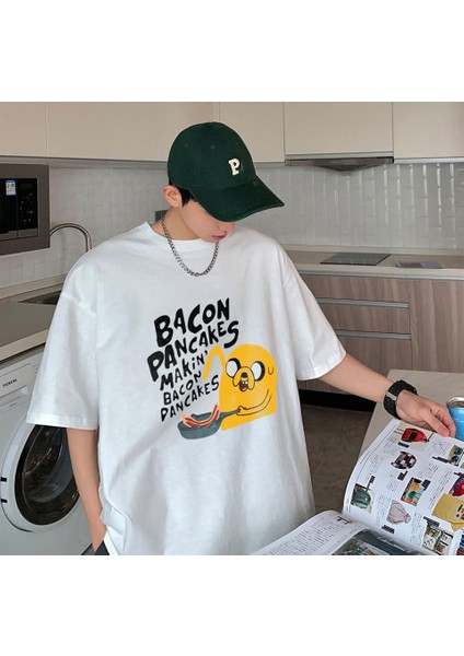 Bacon Pancakes Baskılı Beyaz Oversize T-Shirt