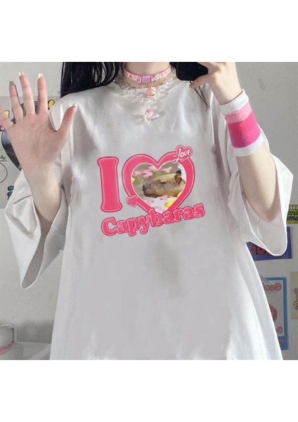 I Love Capybaras Baskılı Beyaz Oversize T-Shirt