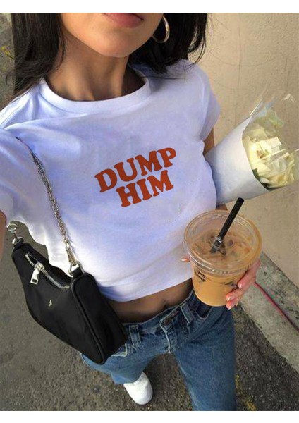 Dump Him Baskılı Beyaz Crop