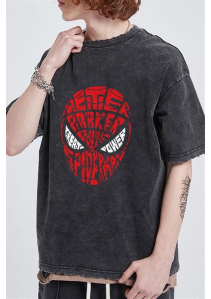 Yıkamalı Spider-Man Head Baskılı Oversize Eskitme T-Shirt