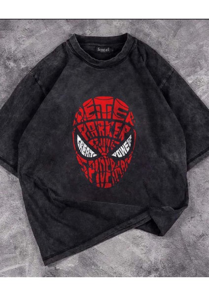 Yıkamalı Spider-Man Head Baskılı Oversize Eskitme T-Shirt fiyatları