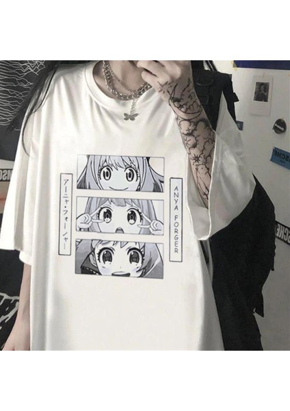 Triple Anya Forger Baskılı Beyaz Oversize T-Shirt