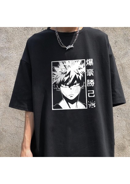 Anime Bakugou Baskılı Siyah Oversize T-Shirt