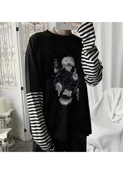 Jujutsu Kaisen Blade Baskılı Fake Sleeves Siyah T-Shirt