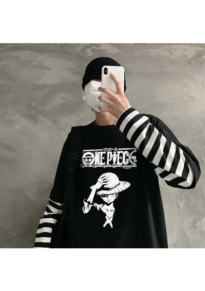 One Piece Baskılı Fake Sleeves Siyah T-Shirt
