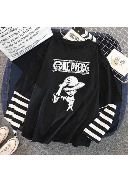 One Piece Baskılı Fake Sleeves Siyah T-Shirt fiyatları