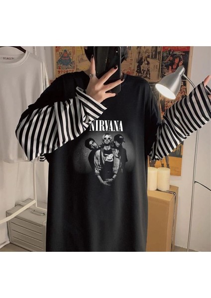 Nirvana Artists Baskılı Fake Sleeves Siyah T-Shirt