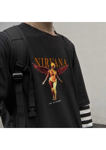 Nirvana In Utero Baskılı Fake Sleeves Siyah T-Shirt