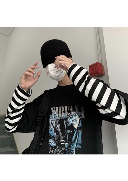 Nirvana Poster Baskılı Fake Sleeves Siyah T-Shirt