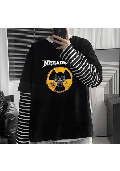Megadeth Danger Skull Baskılı Fake Sleeves Siyah T-Shirt