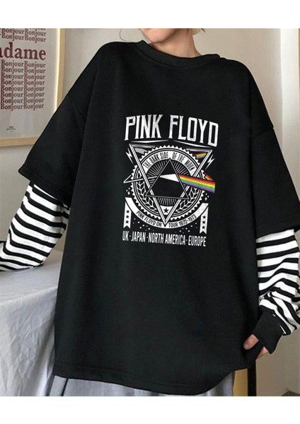 Pink Floyd Baskılı Fake Sleeves Siyah T-Shirt