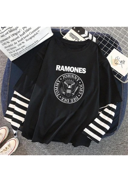 Ramones Logo Baskılı Fake Sleeves Unisex Siyah T-Shirt