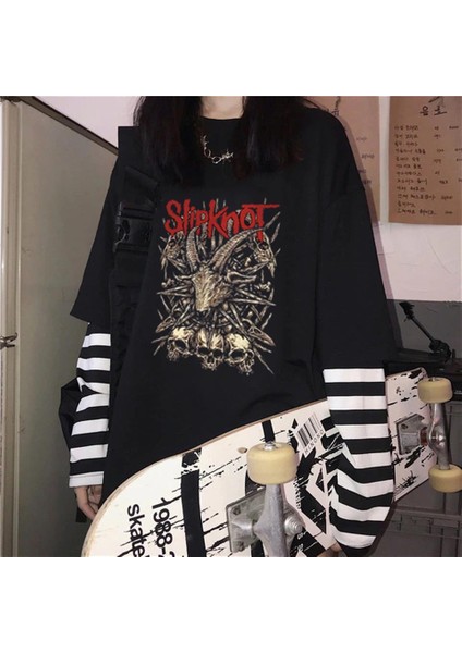 Slipknot Goat & Skulls Baskılı Fake Sleeves Siyah T-Shirt