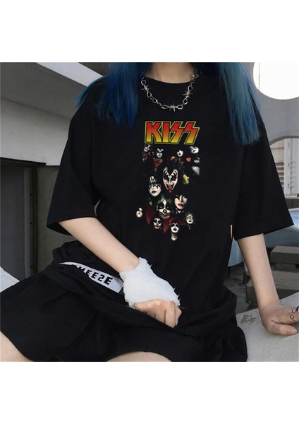 Rock Serisi Kiss Rock Band Siyah Oversize T-Shirt