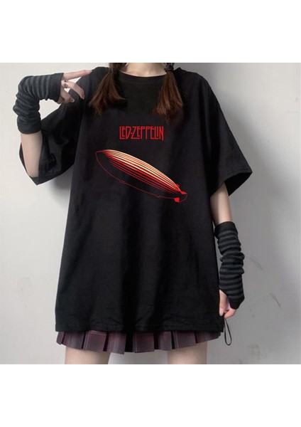 Rock Serisi Led Zeppelin Logo Siyah Oversize T-Shirt