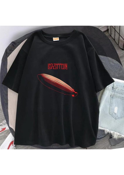 Rock Serisi Led Zeppelin Logo Siyah Oversize T-Shirt fiyatları