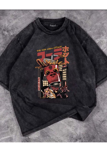 Yıkamalı The Iced Cola Attack Baskılı Oversize Vintage Eskitme T-Shirt modelleri