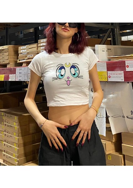 Sailor Moon Cat Face Baskılı Beyaz Crop