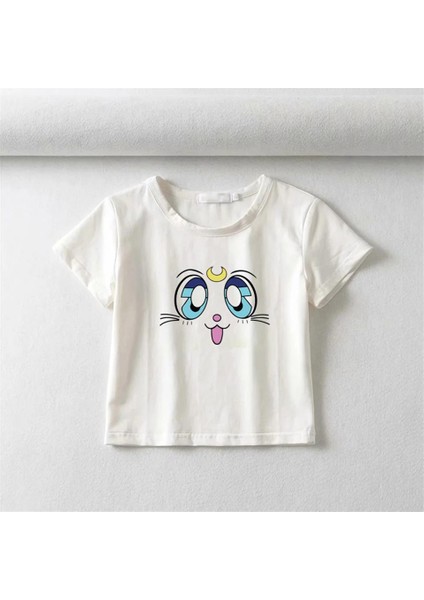 Sailor Moon Cat Face Baskılı Beyaz Crop fiyatları
