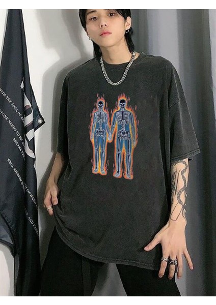 Yıkamalı Flaming Skeletons Baskılı Oversize Eskitme T-Shirt