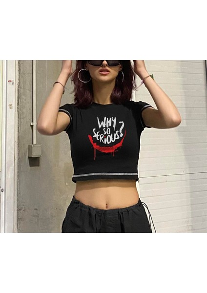 Why So Serious Baskılı Ters Dikiş Siyah Crop