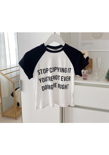 Stop Copying Me Baskılı Reglan Kol Beyaz Crop