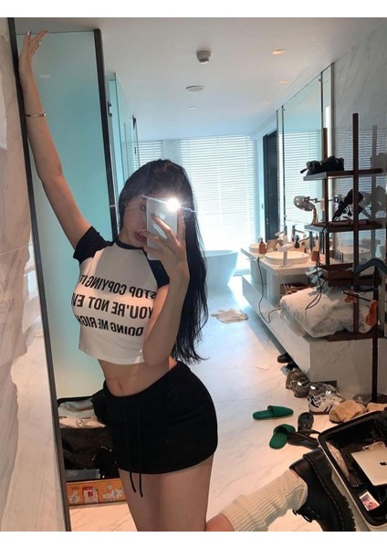 Stop Copying Me Baskılı Reglan Kol Beyaz Crop