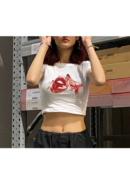 Badchill Lip Baskılı Beyaz Crop