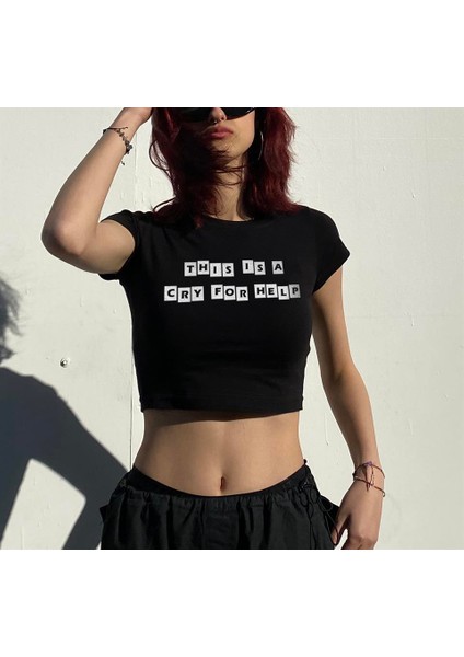 This Is A Cry For Help Baskılı Siyah Crop