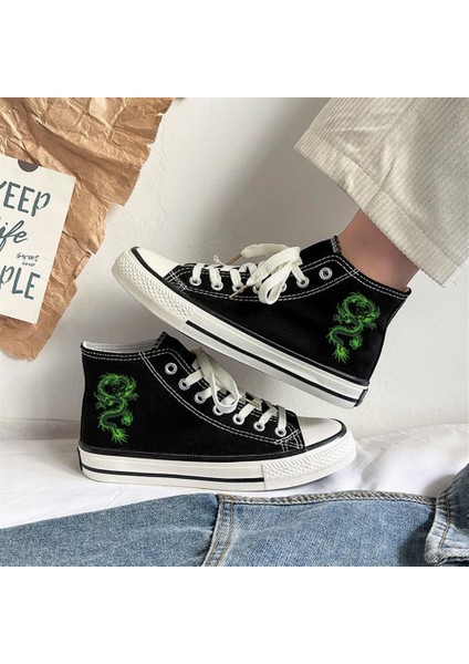 Green Dragon Baskılı Siyah Unisex Kanvas Ayakkabı