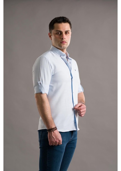 Slimfit Armürlü Yaka Düğmeli Katlamalı Uzun Kol Erkek Gömlek modelleri