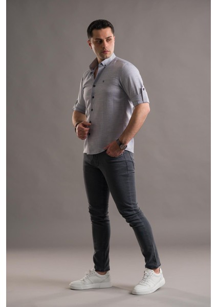Slimfit Armürlü Yaka Düğmeli Katlamalı Uzun Kol Erkek Gömlek fiyatları