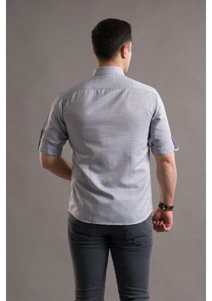 Slimfit Armürlü Yaka Düğmeli Katlamalı Uzun Kol Erkek Gömlek fırsatları