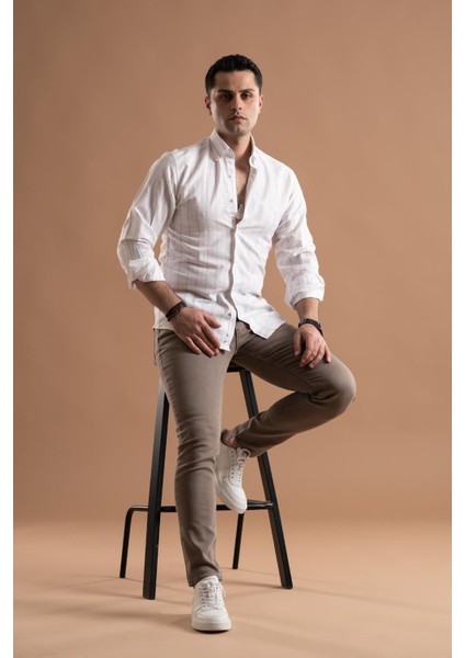 Evrytime Slimfit Pamuklu Çizgili Yaka Düğmeli Uzun Kol Erkek Yazlık Gömlek
